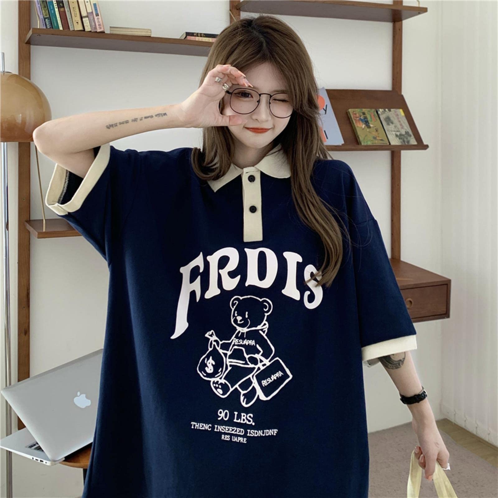 Camiseta para Mujeres Camisa de Gran tamaño de Manga Corta Lapa de Oso Informal-White,L