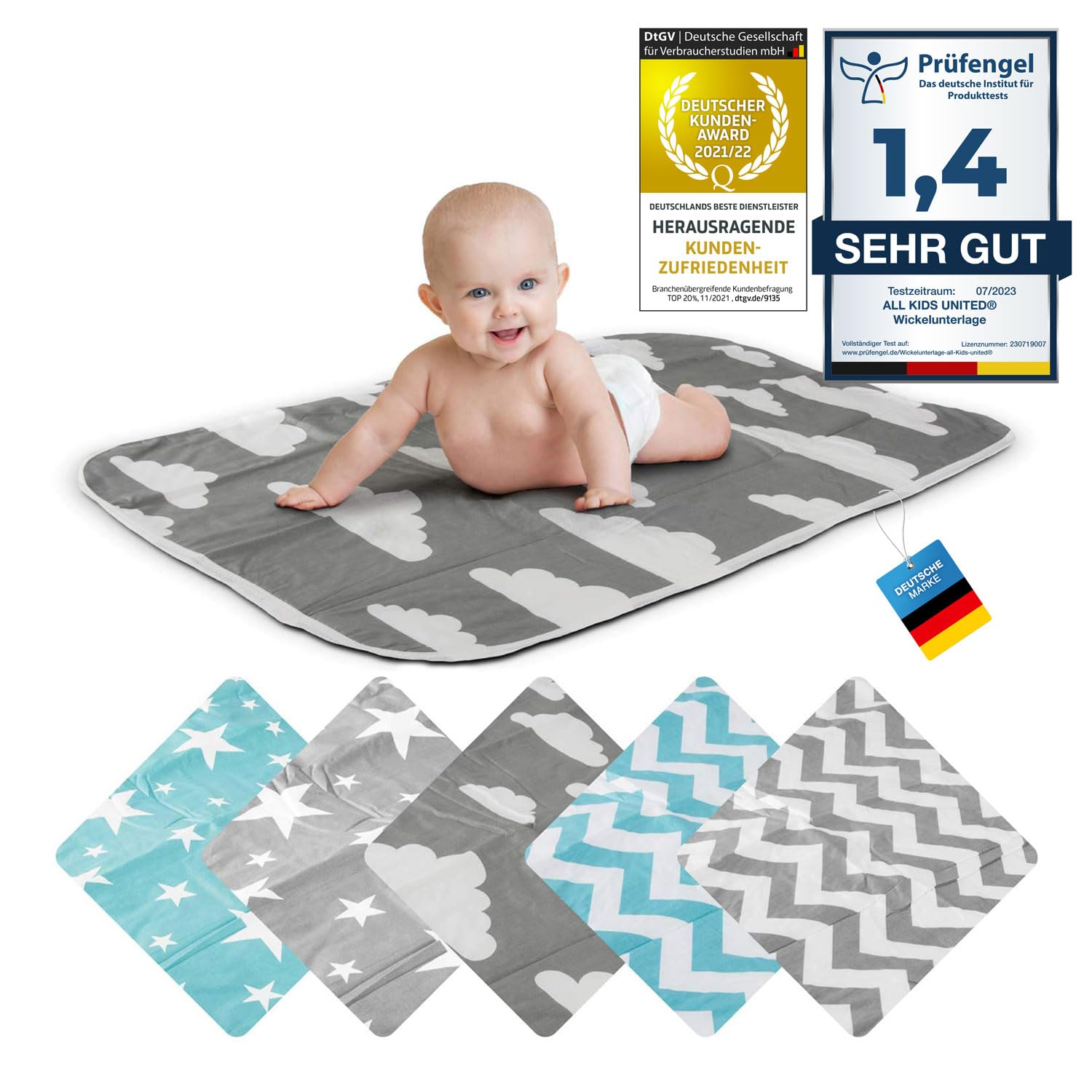 Wickelunterlage Baby Wickelauflage Baby Wickel-Decke Unterlage für Säuglinge und Kleinkinder; atmungsaktiv, waschbar, wiederverwendbar; 50 x 70 cm (Wolken-Grau)