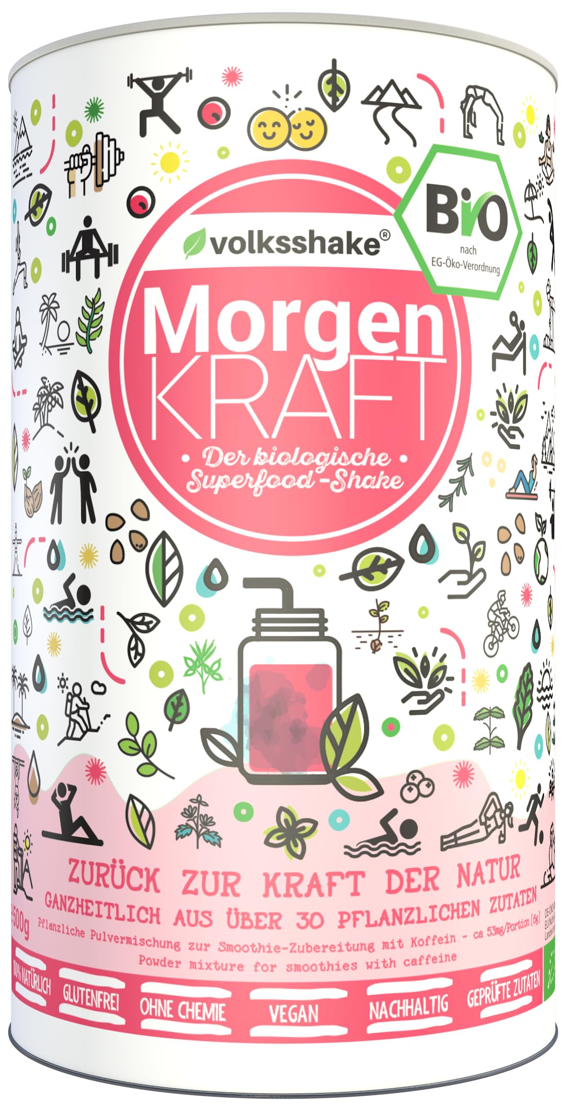 BIO Morgenkraft | Smoothiepulver | 500g | DE-ÖKO-006 | Der biologische Wachmacher am Morgen | Über 30 Zutaten wie Beeren, Kurkuma, Guarana und Maca | Premiumqualität vom Bodensee | Made in Germany