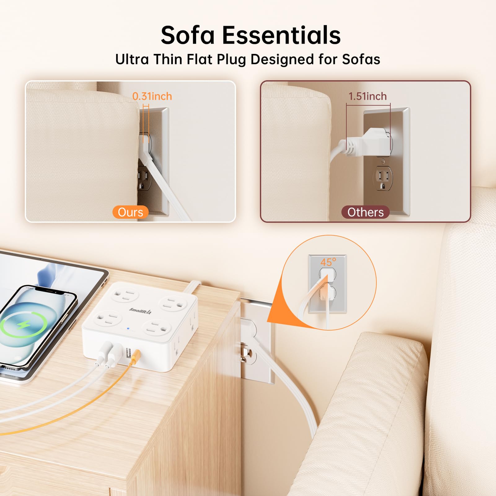 SMALLRT Bloc d'alimentation avec parasurtenseur 4 prises, 3 ports USB, prise plate pour bureau à domicile, blanc, 1,8 m
