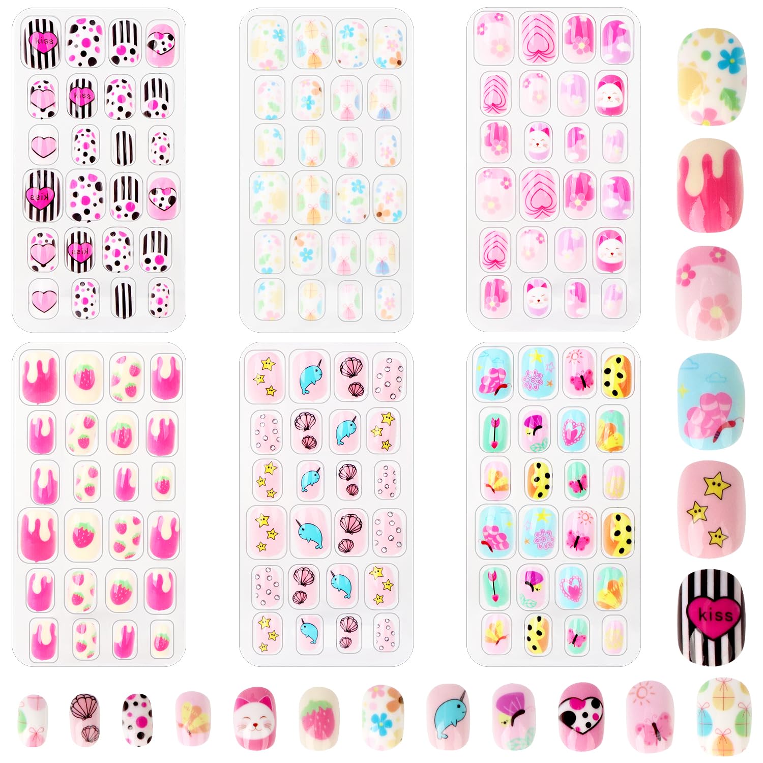 OWill Kids Stick on Nails, 144 Pcs Cute Cartoon Fake Nails for Kids Full Cover Children False Nail Press on Nail Party Gift for Girls
