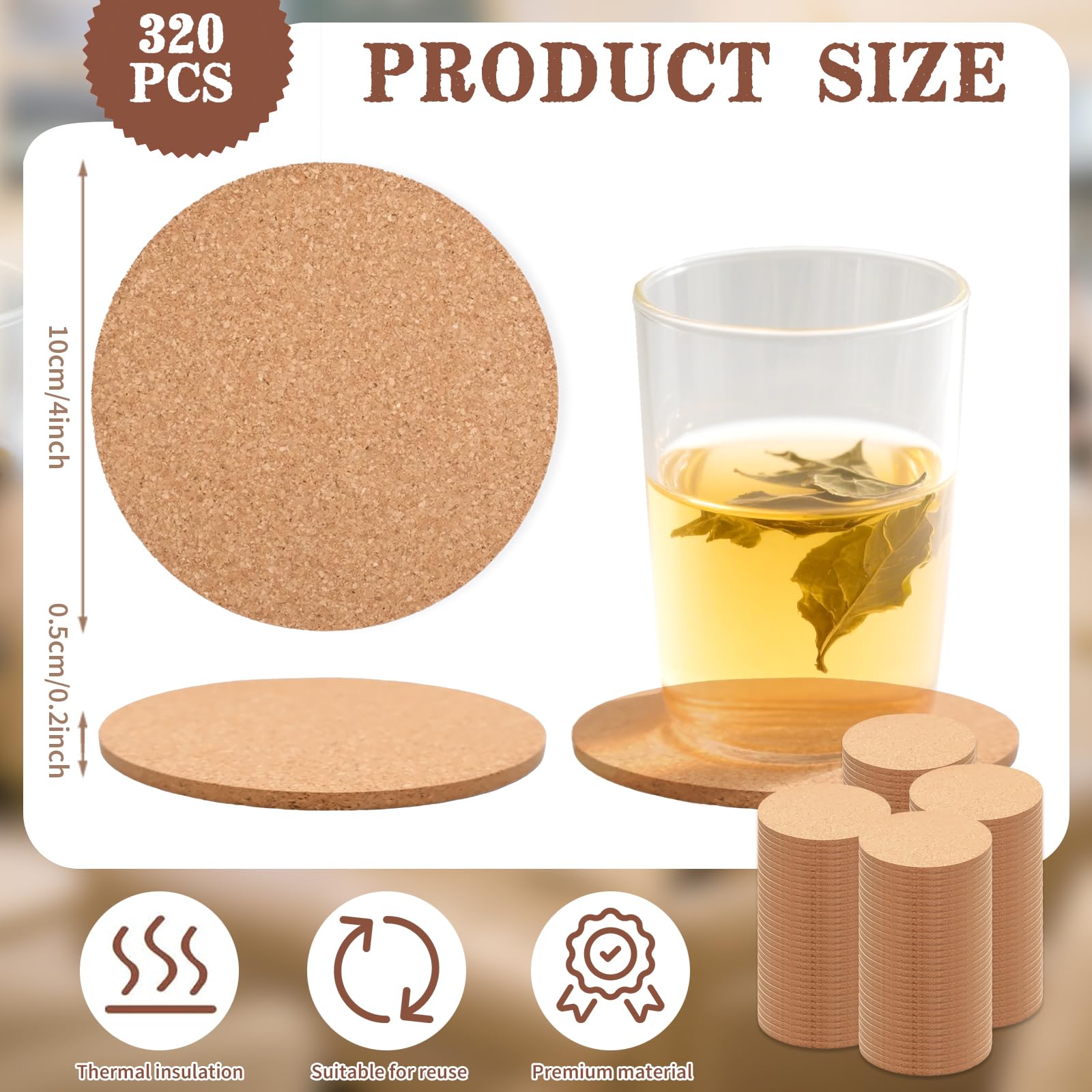 320 posavasos de corcho a granel de 4 pulgadas absorbentes de corcho para platos, copas de vino, cocina, oficina, bar en casa