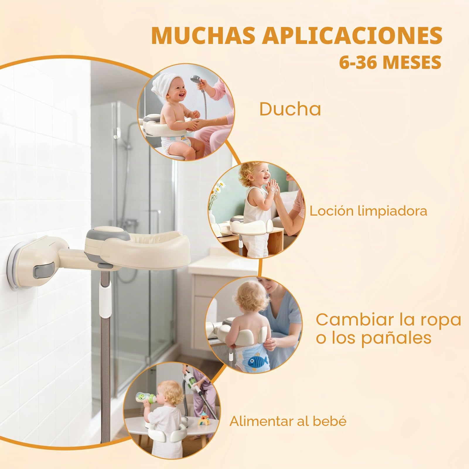 Soporte Ducha Bebé | Altura Reg. 26-35cm | Antideslizante Asa Seguridad | Plegable sin Instalación | BPA-Free 6-36 Meses