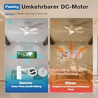 Passky 107 cm mennyezeti ventilátor világítással távirányítóval halk DC motor 6 sebességű fényerőszabályozható LED 3 színhőmérséklet fehér 4