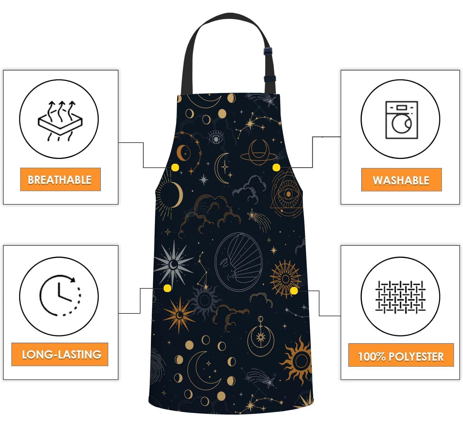 Smooffly Sun Moon Star Apron,Adjustable Neck Bib Apron for Men Women,Suitable for Kitchen Cooking Waitress Chef Apron - Image 4