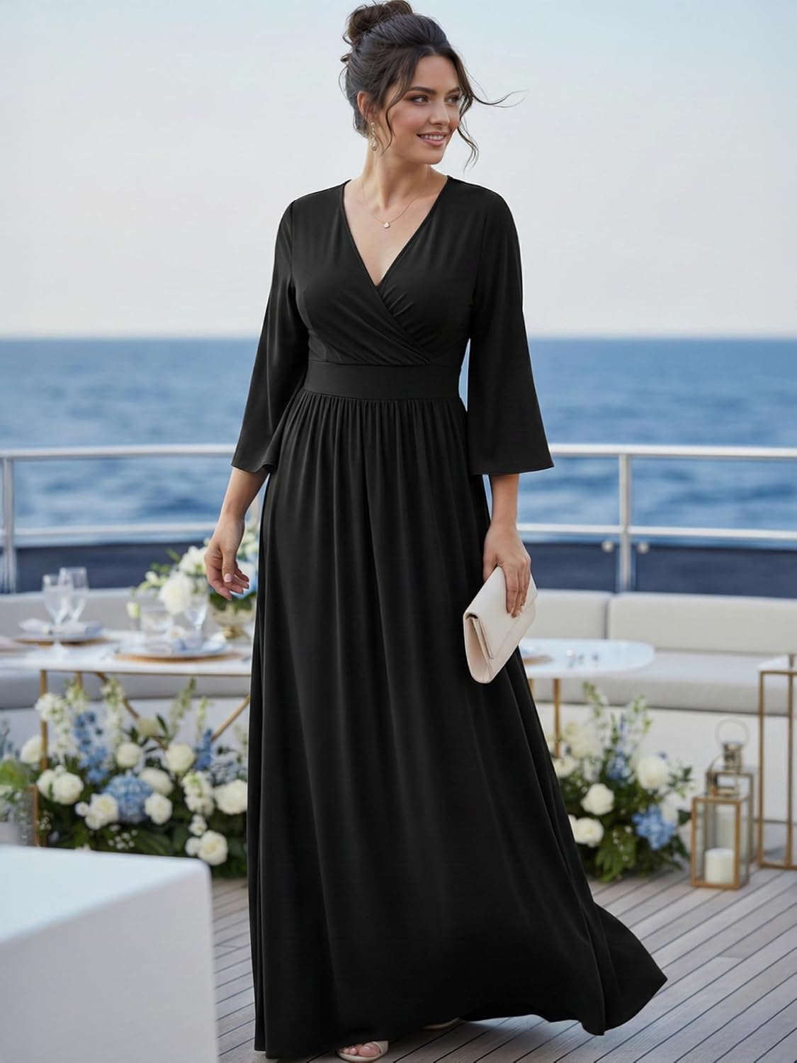 KOH KOH Womens Long Kimono Sleeve V-Neck Wrap Belted Empire Flowy Maxi Dress - Image 4