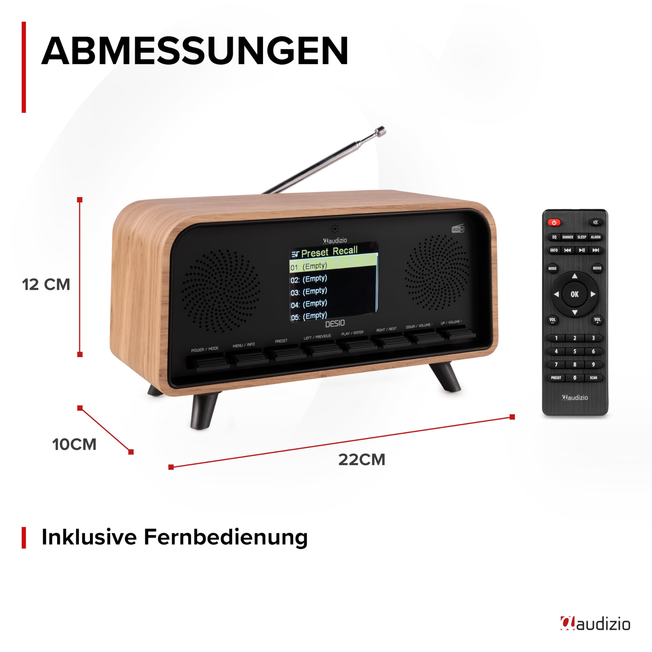 Audizio Desio - DAB Radio mit Bluetooth 5.0 - Stereo DAB Plus Radio mit Fernbedienung, 50 Speicherplätze, Auto Scan, Line-Out, USB, AUX, Retro-Look für Zuhause, Einfache Bedienung, 30 W - Hell
