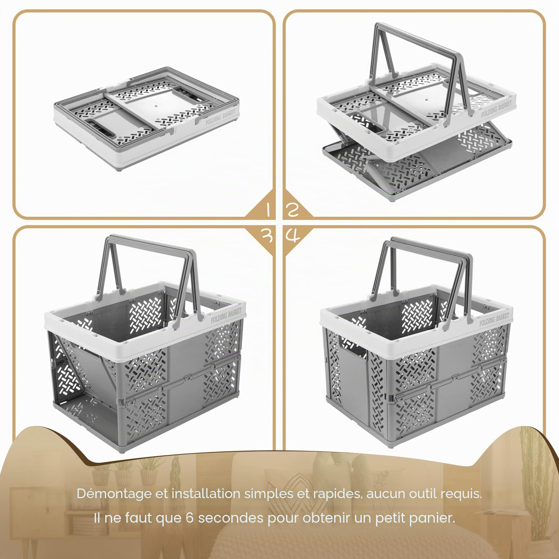 Spesh Lot de 2 Caisse en Plastique Pliable avec Poignée Cagette Rangement Pliant Caisse Pliante Panier Rangement Pliable pour Cuisine, Chambre, Salon(Blanc + Gris Blanc)