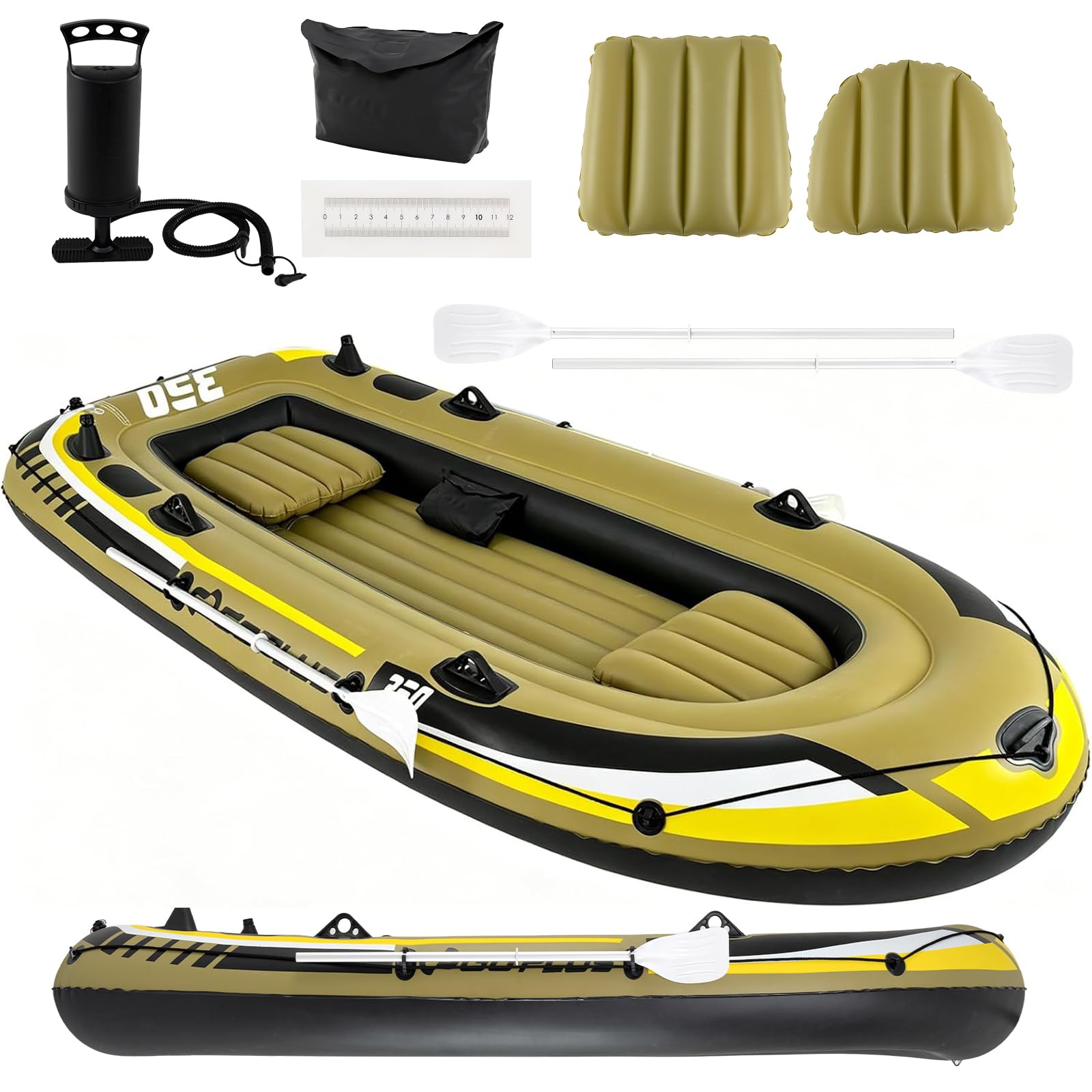 HOMASIS Aufblasbares Schlauchboot, Angelboot-Set für 3 Erwachsene & 1 Kind mit Edelstahlrudern, Pumpe, Sitzen, Aufbewahrungstasche, Rutenhaltern, Motorhalterung, für Wassersport, Paddeln