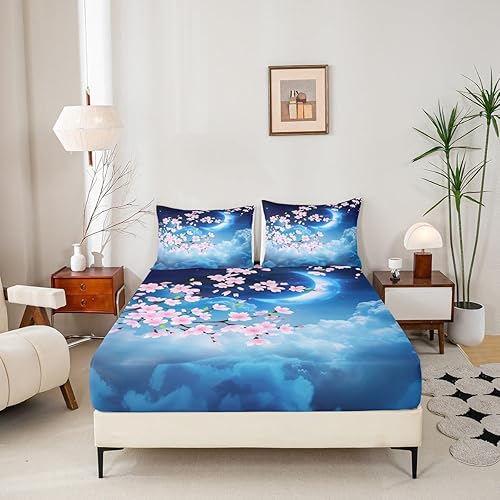 Miniatura 6 de Juego de sábanas de 4 piezas, diseño floral, tamaño King, diseño de flor de cerezo y cielo nocturno, juego de ropa de cama de microfibra cepillada