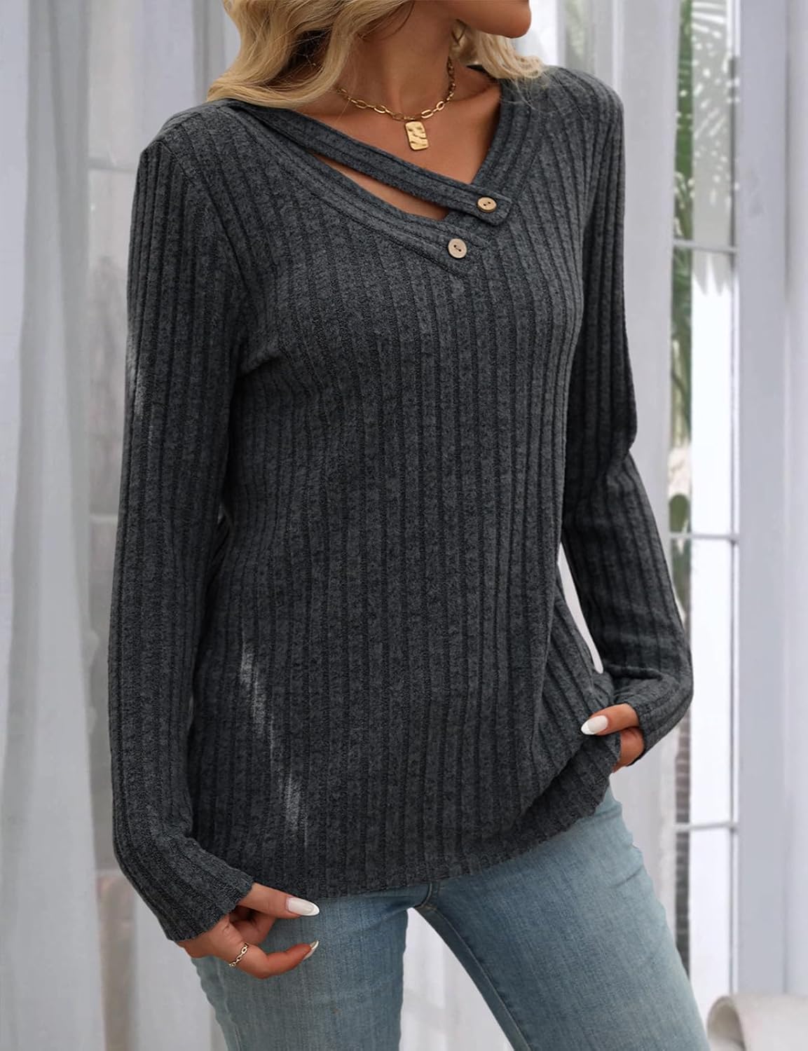 Misyula Style Long Sleeve Shirts for Women V Neck Fall Sweaters Dressy Casual Basic Tops 2024 Trendy Pullover S-2XL - Image 6