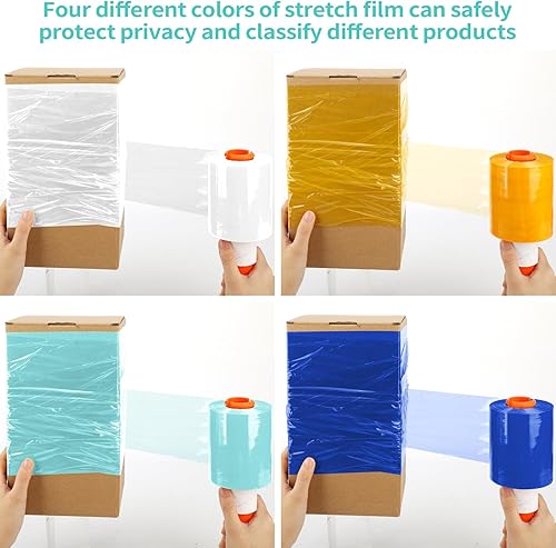 Miniatura 6 de Paquete de 4 películas elásticas de color con 1 mango de plástico, 3.94 pulgadas x 525 pies, resistencia industrial, autoadherente, mini rollo para