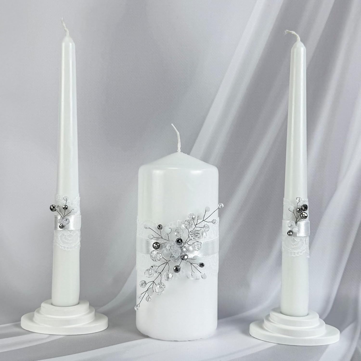Unity Candle Set - Wedding Ceremony & Reception – 6” Pillar & Two 10” Taper Candles – Long Burning Unity Candles for Marriage Ritual – Handmade in USA –Diamond | White