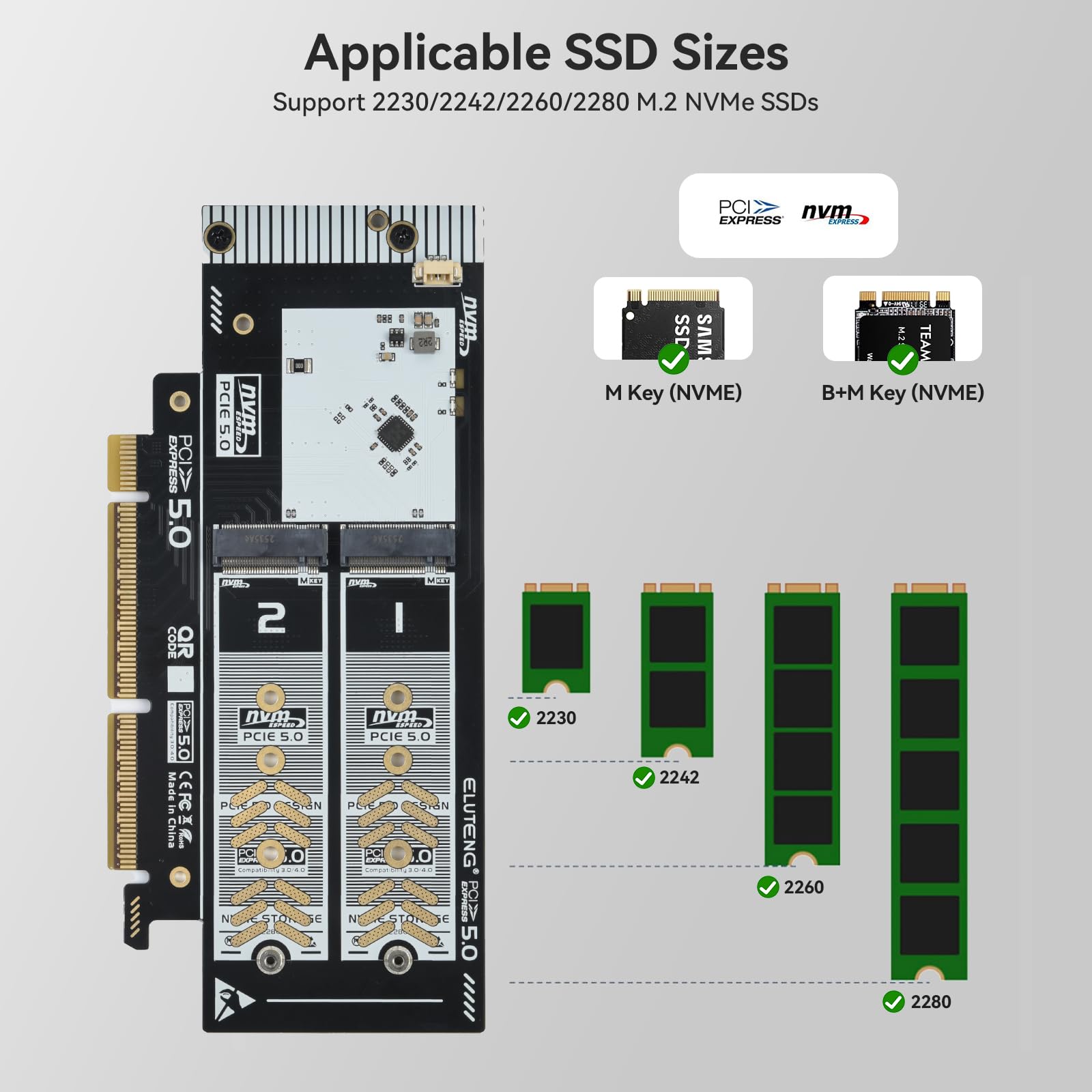 ELUTENG Dualny adapter M.2 NVMe na PCIe 5.0, karta rozszerzająca 2 x 128 Gbit/s NVMe PCI-Express SSD, obsługująca gniazda PCIE X8 X16 dla kluczy M/B&M 2230 2242 2260 2280 SSD