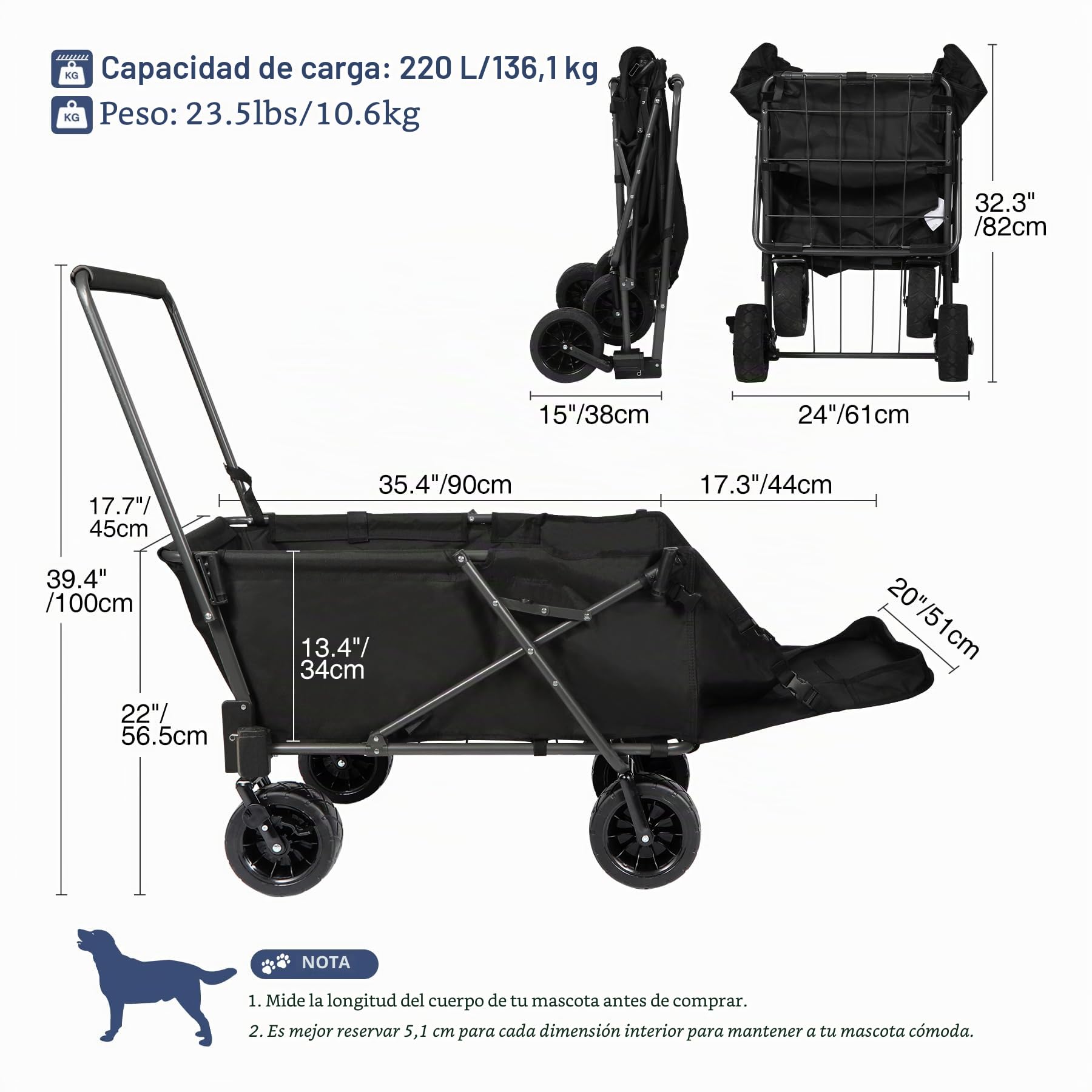 REDCAMP Carrito plegable para perros con parte trasera extensible, capacidad de carga de 136 kg para perros grandes, ruedas todoterreno con frenos, para camping, jardín al aire libre, tela Oxford 600D