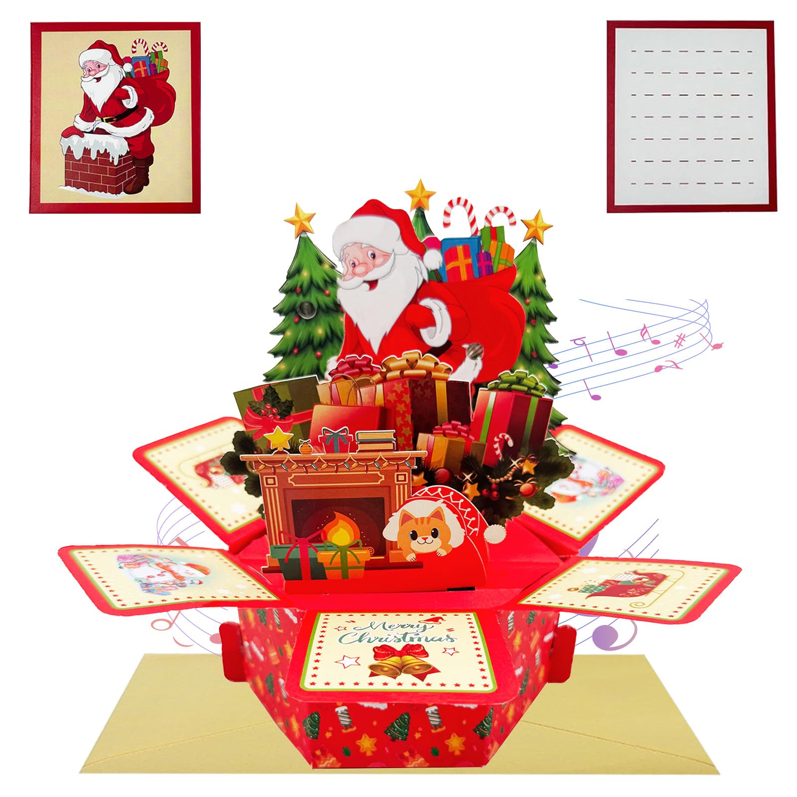 3D Pop Up Musical Christmas Cards,Pop Up Card for Xmas,Santa Claus Gift Tree Red Singing Christmas Greeting Card with Note and Envelope for Kids,Adults,Girls,Boys,Friends,Family,Men,Women Xmas Gift