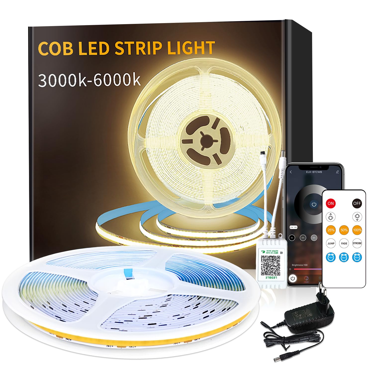 Tira de LED COB de 3000 K, blanco cálido, control de aplicación con mando a distancia, 20 m, regulable, 24 V, juego de tiras LED COB flexibles, SetBright Under-Unit Light para el hogar