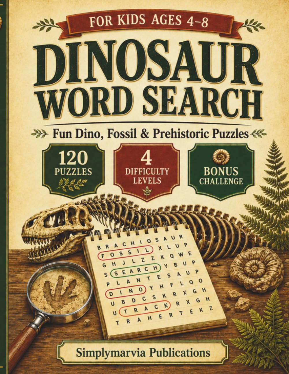 Dinosaur Word Search for Kids Ages 4–8: 120 Fun Dino, Fossil & Prehistoric Puzzles with 4 Difficulty Levels (Search & Learn Activity Books)