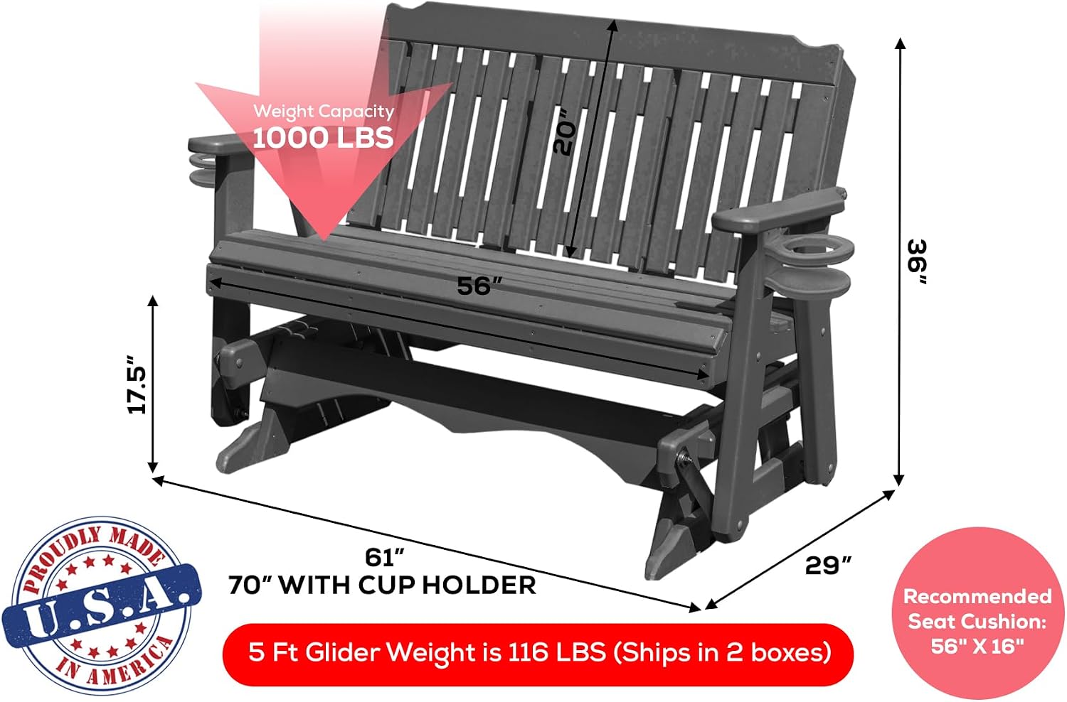 Amish craftmanship Logan Series Plastic Lumber Glider with Cupholders 3-Person 5 FT, Premium Colors, 1000 lbs Capacity, Premium HDPE Material Without Wood fibers, Made in USA