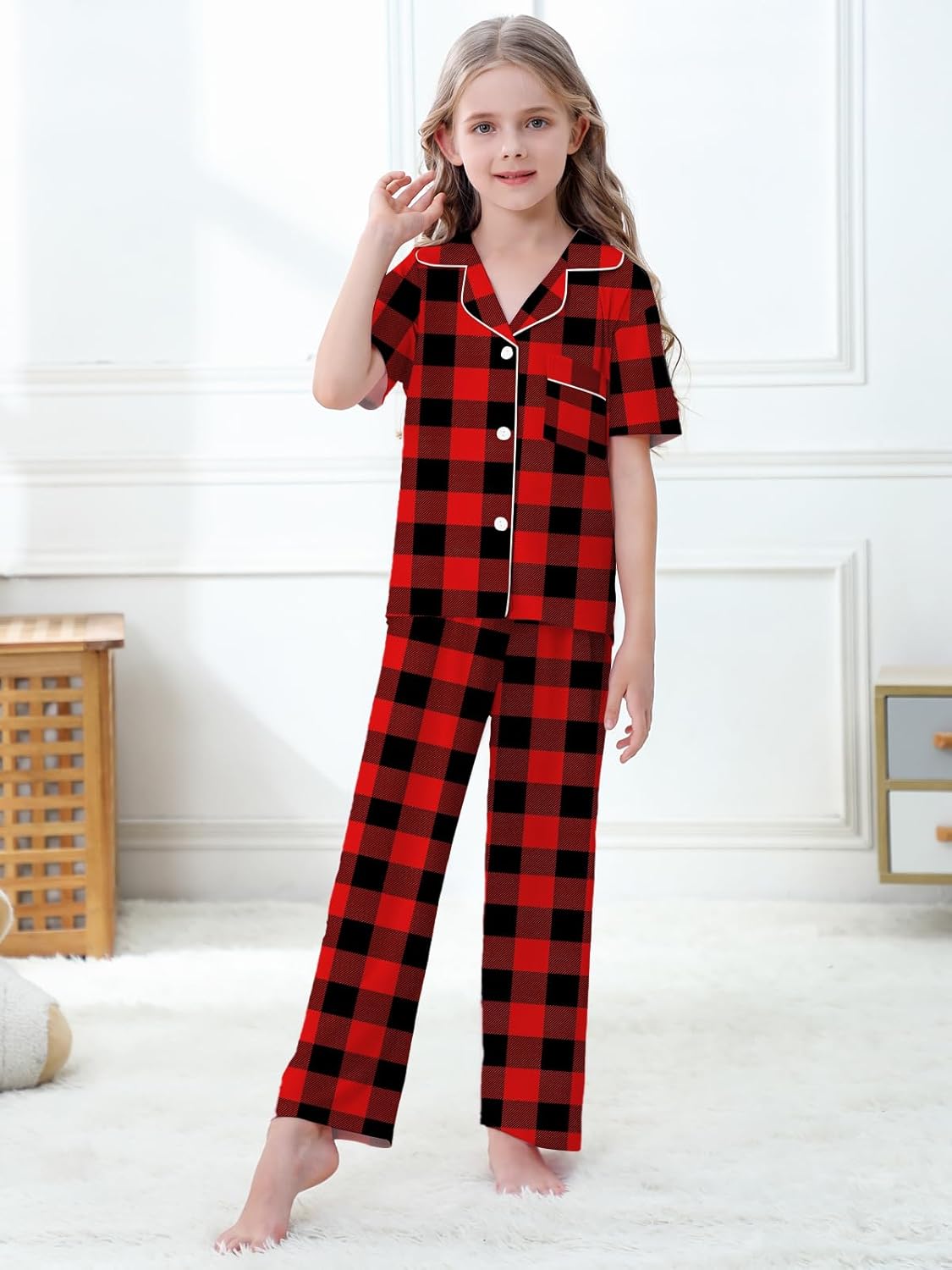 Umeyda Girls Pajamas Sets Short Sleeve Long Pants 2pcs Modal Sleepwear Button Down Pjs Set, Red Black Plaid, 9-10 Years - Image 2