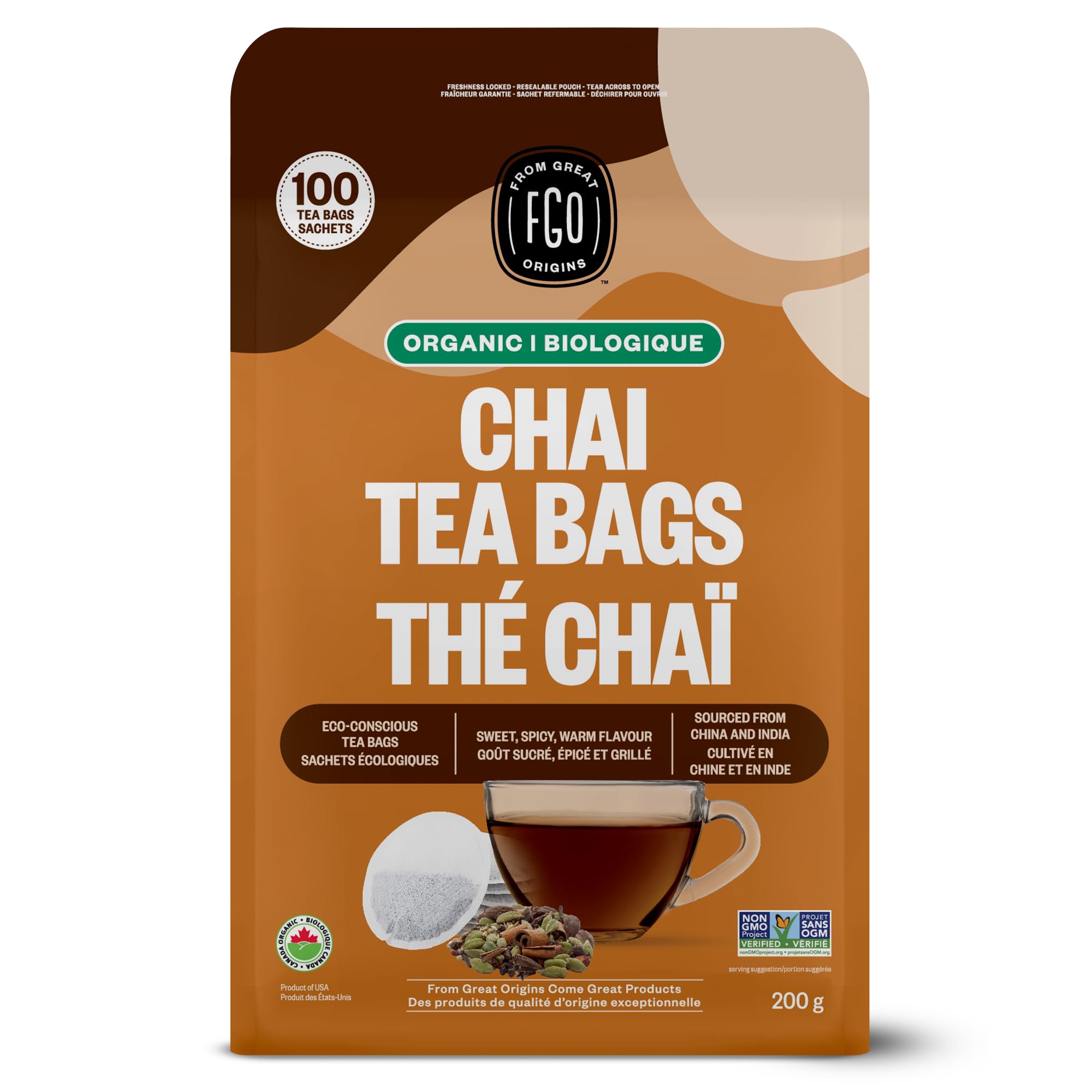 FGO Orgejan Chai Organic, Sante, Amis de l'Environnement, Boissons Chaude - Bio, Sac Ré-sealable, Paquet Peut Varier (Pa
