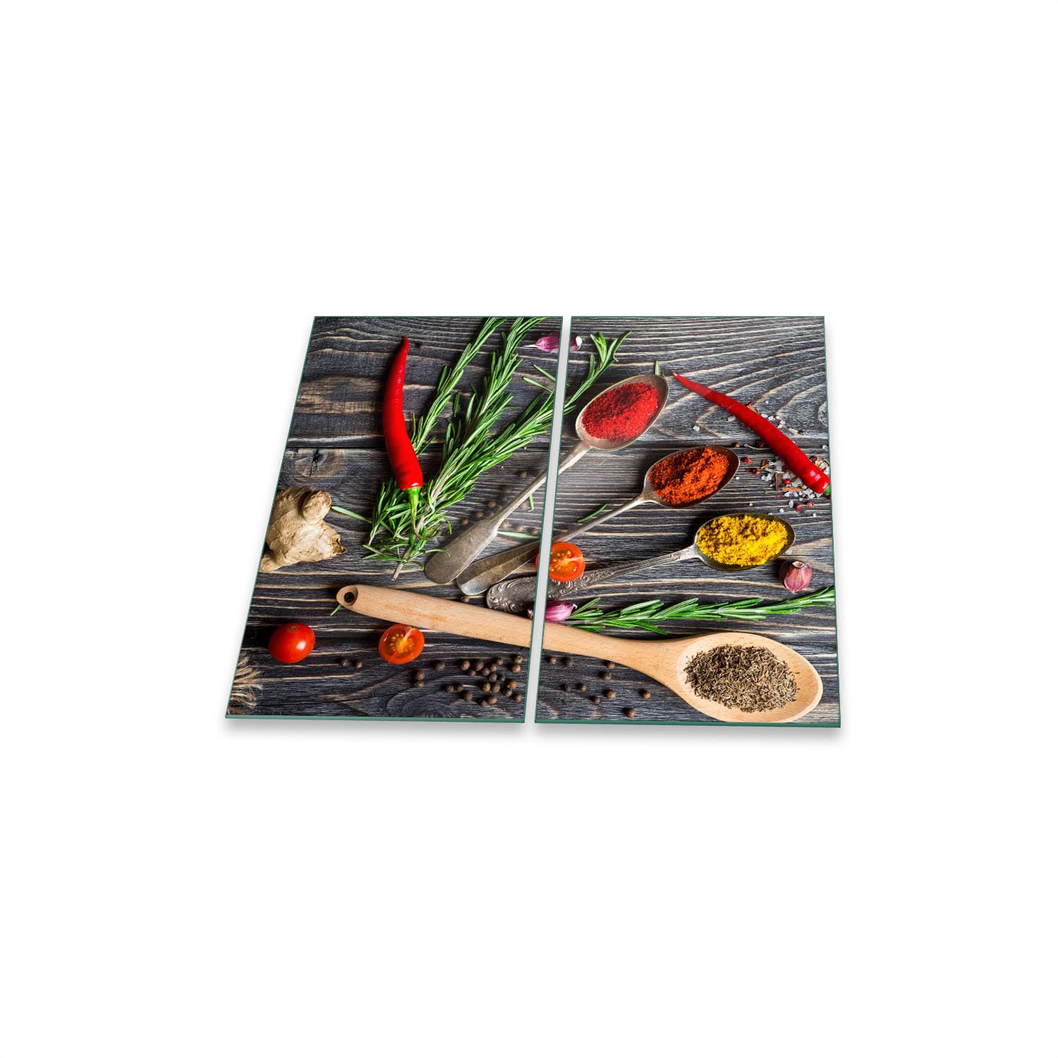 Herdabdeckplatte Abdeckung Ceranfeld Abdeckplatte Schneidebrett 2-Teilig 60x52 Gewürze Mehrfarbig Spritzschutz Glasplatte Ceranfeldabdeckung Schutz Herdschutz Sicherheitsglas Glasschneidebrett 2x30x52