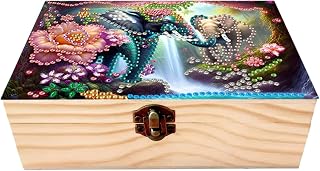 C'eitura Elephant Diamond Art Painting Storage Box with Lock - 5D DIY Diamond Art Wooden Organizer, Animal Theme Craft Supply Case with Secure Clasp for Jewelry Beads Rhinestones