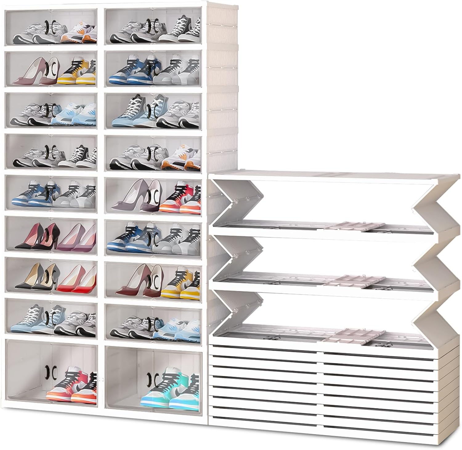 FAHKNS Foldable Shoe Rack, Transparent Shoe Boxes with Magnetic Double Doors, Shoe Organizer Storage for Entryway/Bedroom/Cloakroom, Large Shoe Cabinet with Hidden Bottom Roller 9 Tiers 4 Row