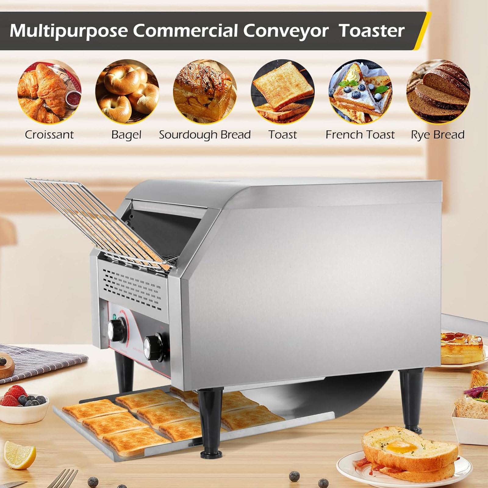 Tostadora Comercial,300-450 Rebanadas/Hora,Tostadora de Restaurante con Cinta Transportadora,Tostadoras Industriales de Alta Resistencia con Doble Calentamiento para Panecillos y Bagels,450PCS/Hour