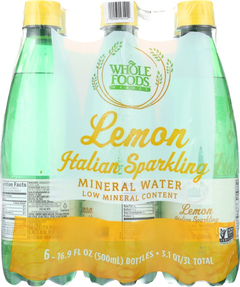 Whole Foods Market, Lemon Sparkling Mineral Water, 16.9 Fl Oz, 6 Count