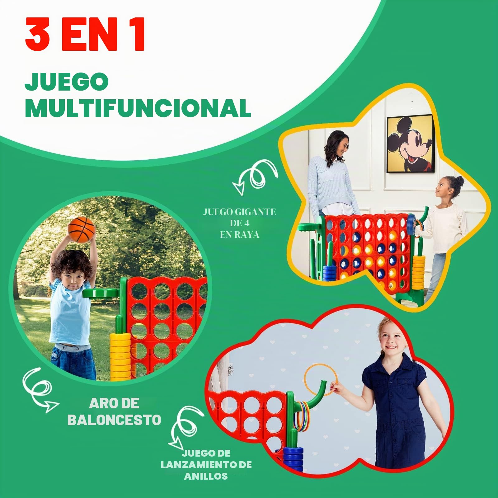 RELAX4LIFE Juego de 4 en Raya para Niños y Adultos, para Exteriores e Interiores, 4 en Raya Gigante, Regalo para niños (84x33x74cm, con Canasta, Pelota, 5 Anillos -C)