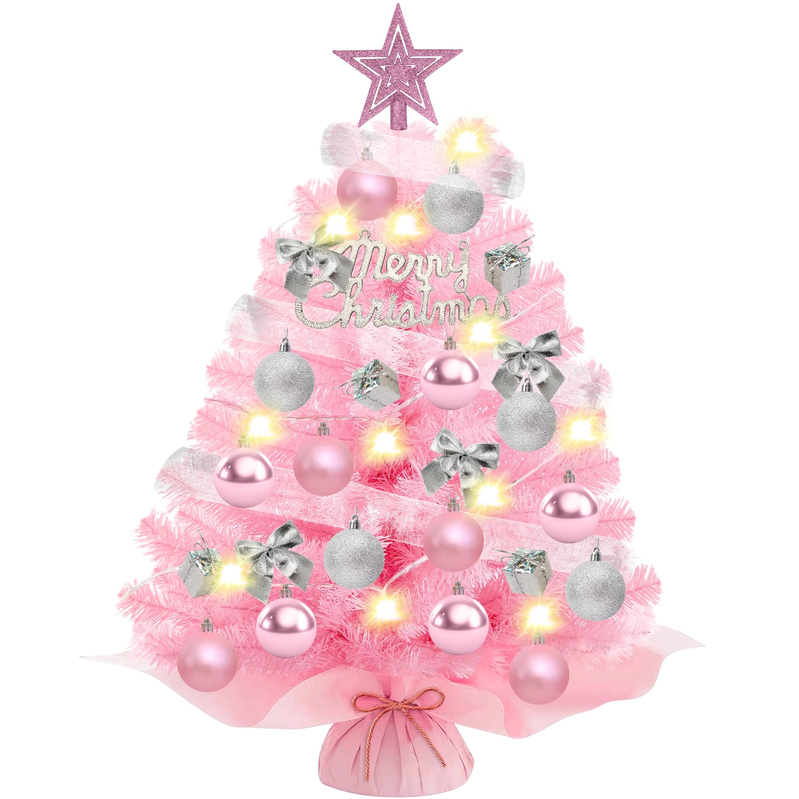 YSWOVUO Arbol de Navidad Pequeño Rosa, Mini Arbol de Navidad 60cm con Iluminación LED y DIY Adornos, Arbol de Navidad Artificial de Escritorio para Oficina y Decoración Navideña