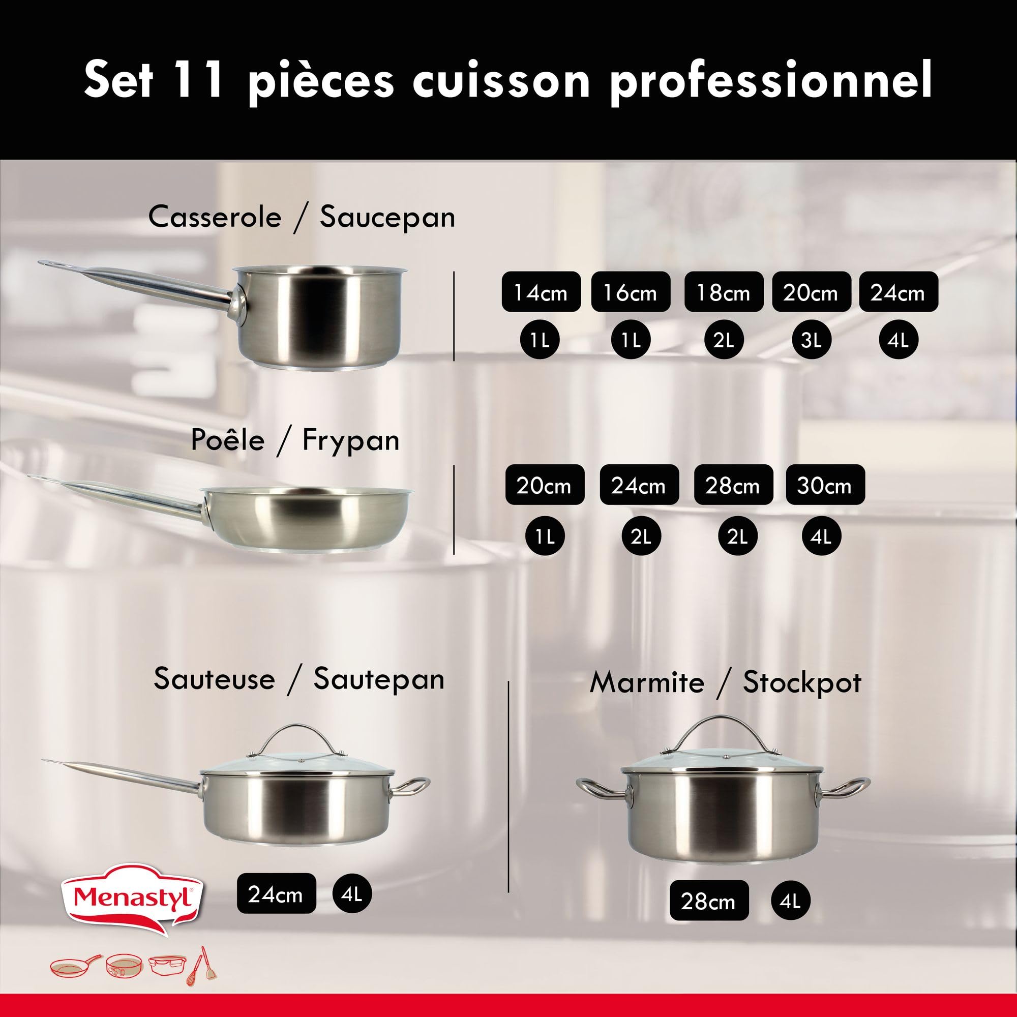 MENASTYL - Batterie de cuisine inox 11 pièces tous feux dont induction - Casseroles, poêles, sauteuse, marmite et ustensiles - Gamme Professionnel - Fond sandwich - Sans PFAS - 6014032