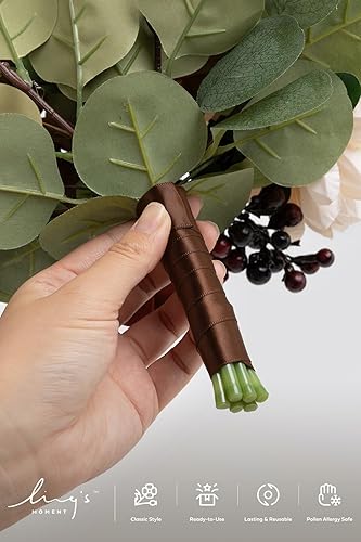 Miniatura 10 de Ling's Moment Juego de 6 ramos de dama de honor de rosa polvorienta y azul marino, ramo de boda para damas de honor, ramo de posy para despedida de