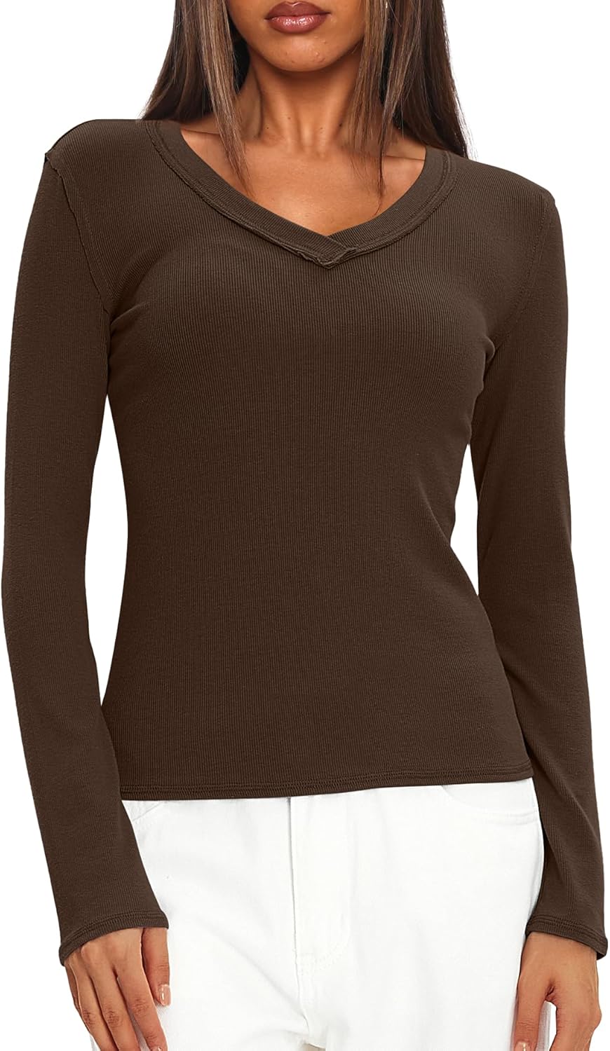 Darong Women Long Sleeve V Neck Ribbed Knit Slim Fit Shirts Basic Tee Tops 2025 Fall Casual T Shirt Blouse Outfits Clothes 9228 Coffee XL - Image 5