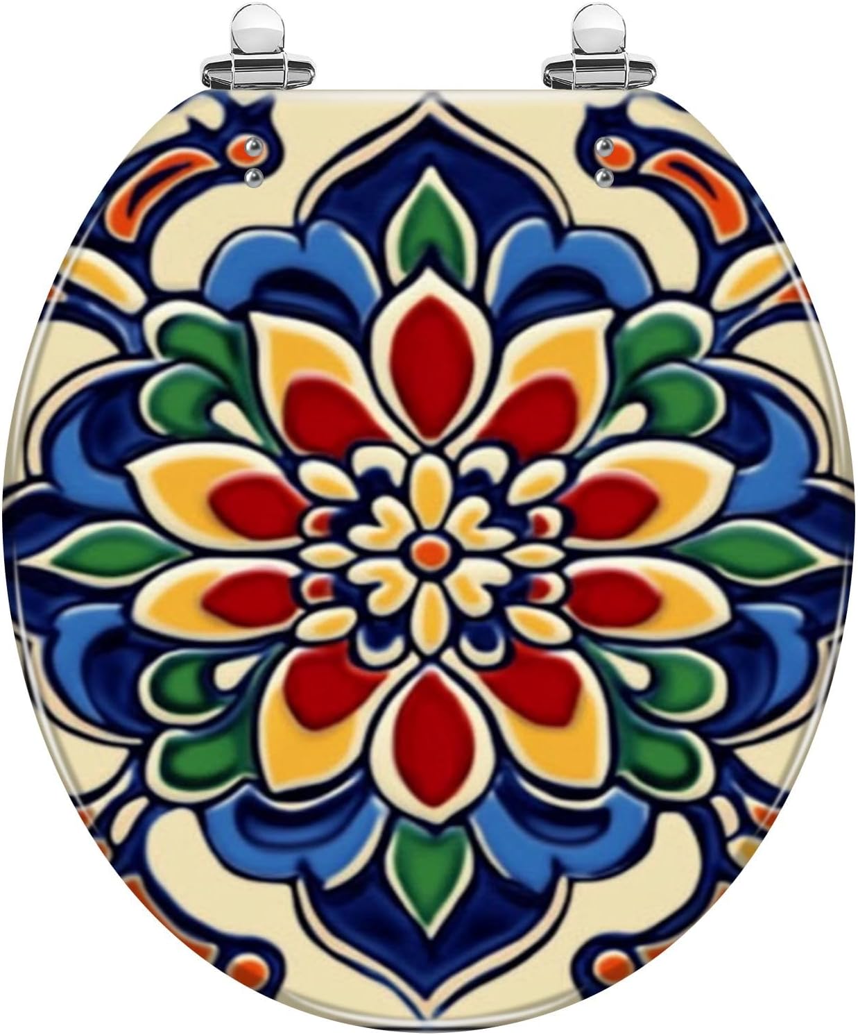 Decorative Round Toilet Seat with Mexican Majolica Tiles Porcelain Resin Slow Quiet Close Quick-Release Hinges Easy to Clean & Install