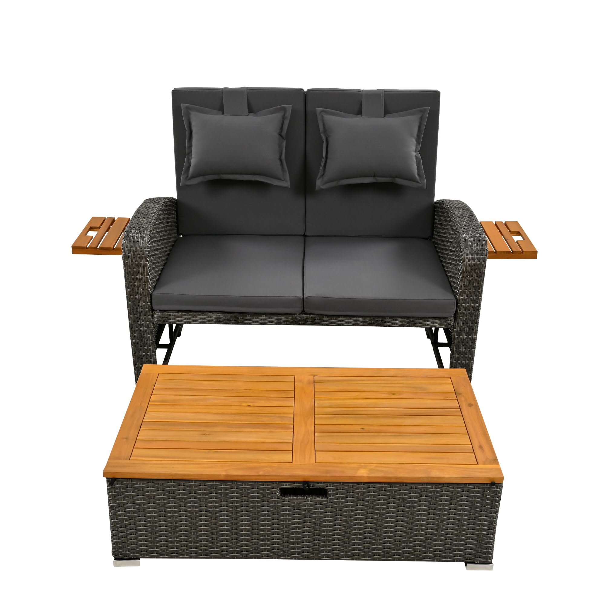 Juego de 2 sillones de jardín de ratán gris con respaldo ajustable y pie de apoyo con reposapiés o cama al aire libre con cojín de respaldo y cojín de asiento