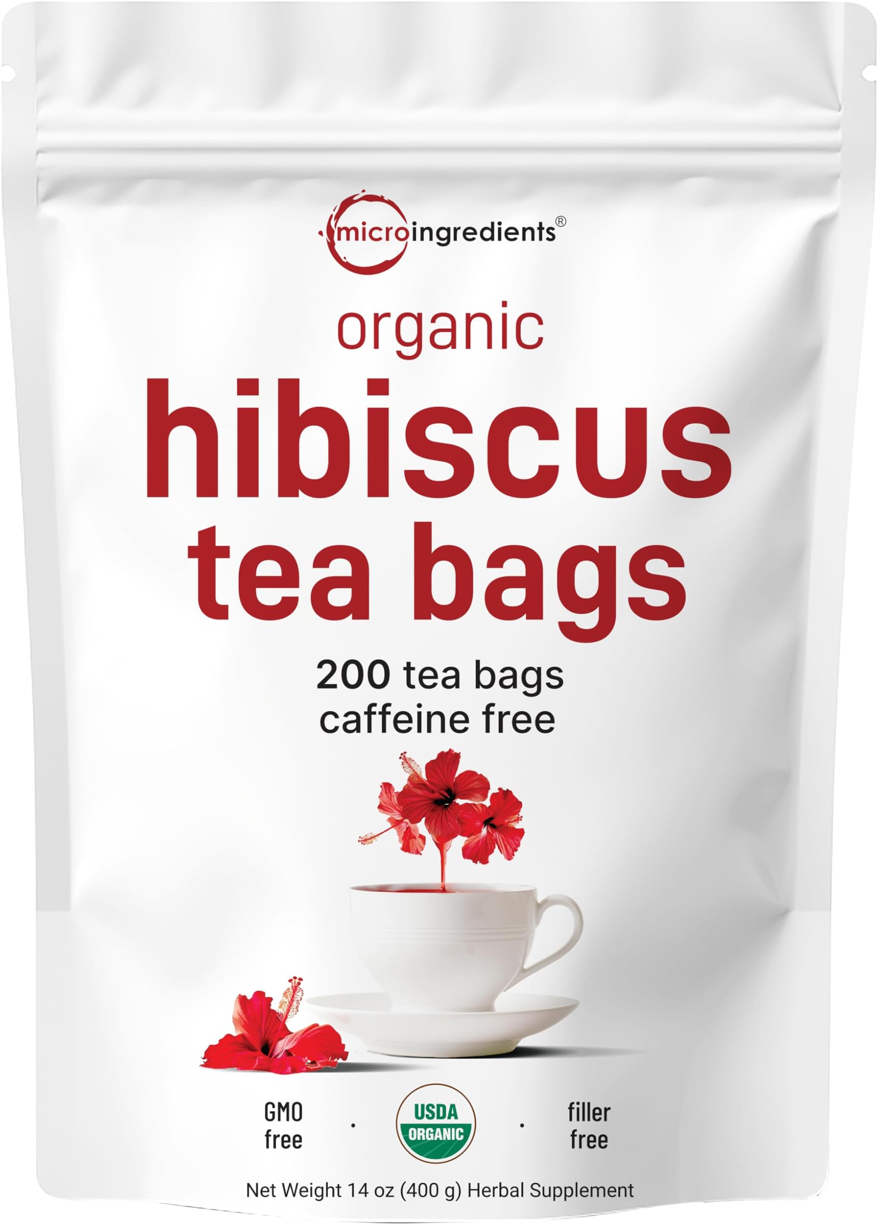 Micro Ingredients Organic Hibiscus Tea Bags, 200 Count | Premium Source for Herbal Tea | Eco-Friendly Hemp Paper Tea Bags | Caffeine Free, Non-GMO, No Sugar