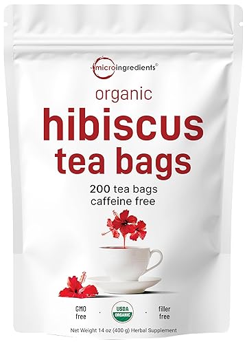 Bolsas de té orgánico de hibisco, 200 unidades  Fuente premium de flores de hibisco  Té de hierbas sin cafeína  Bolsas de té de papel de cáñamo