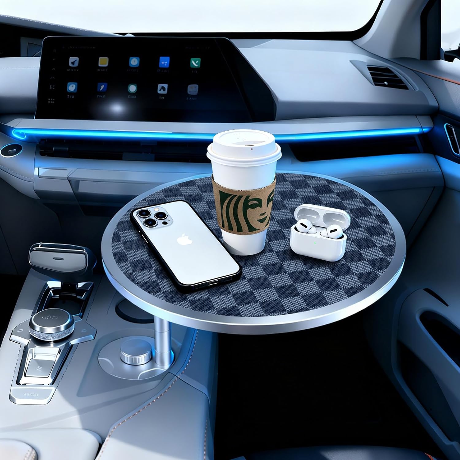 Car Tray Table & Car Desk for Laptop with 2 Risers and Anti-Slip Pad, 360° Rotating Cup Holder for Working and Eating Compatible with Tesla Model 3/Y/S, Ford F150/Explorer/Maverick & Most Vehicles/EV