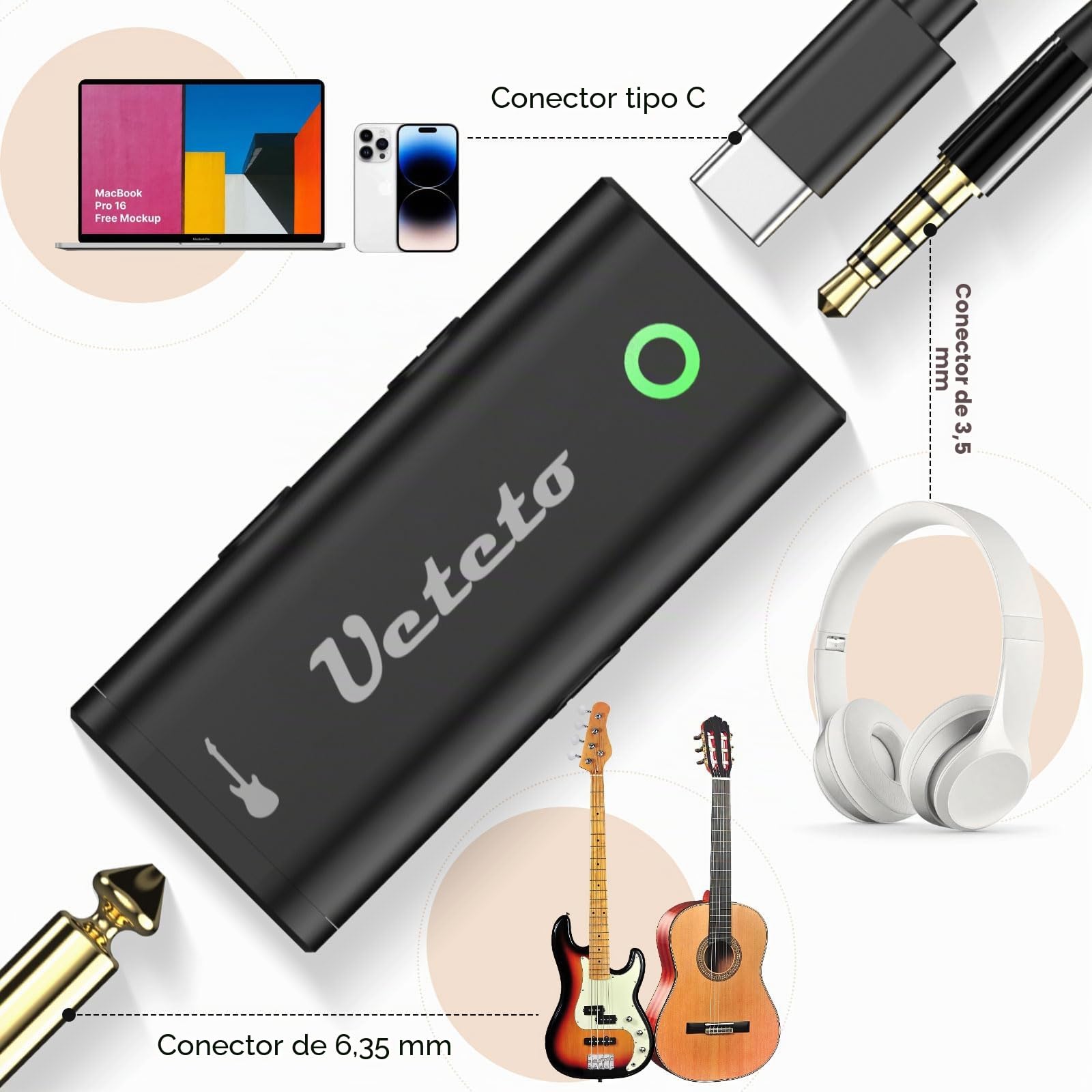 Ueteto Interfaz de audio para guitarra, tarjeta de sonido de grabación interna portátil para transmisión en vivo para iPhone, iPad y teléfonos inteligentes y tabletas Android, no necesita controlador