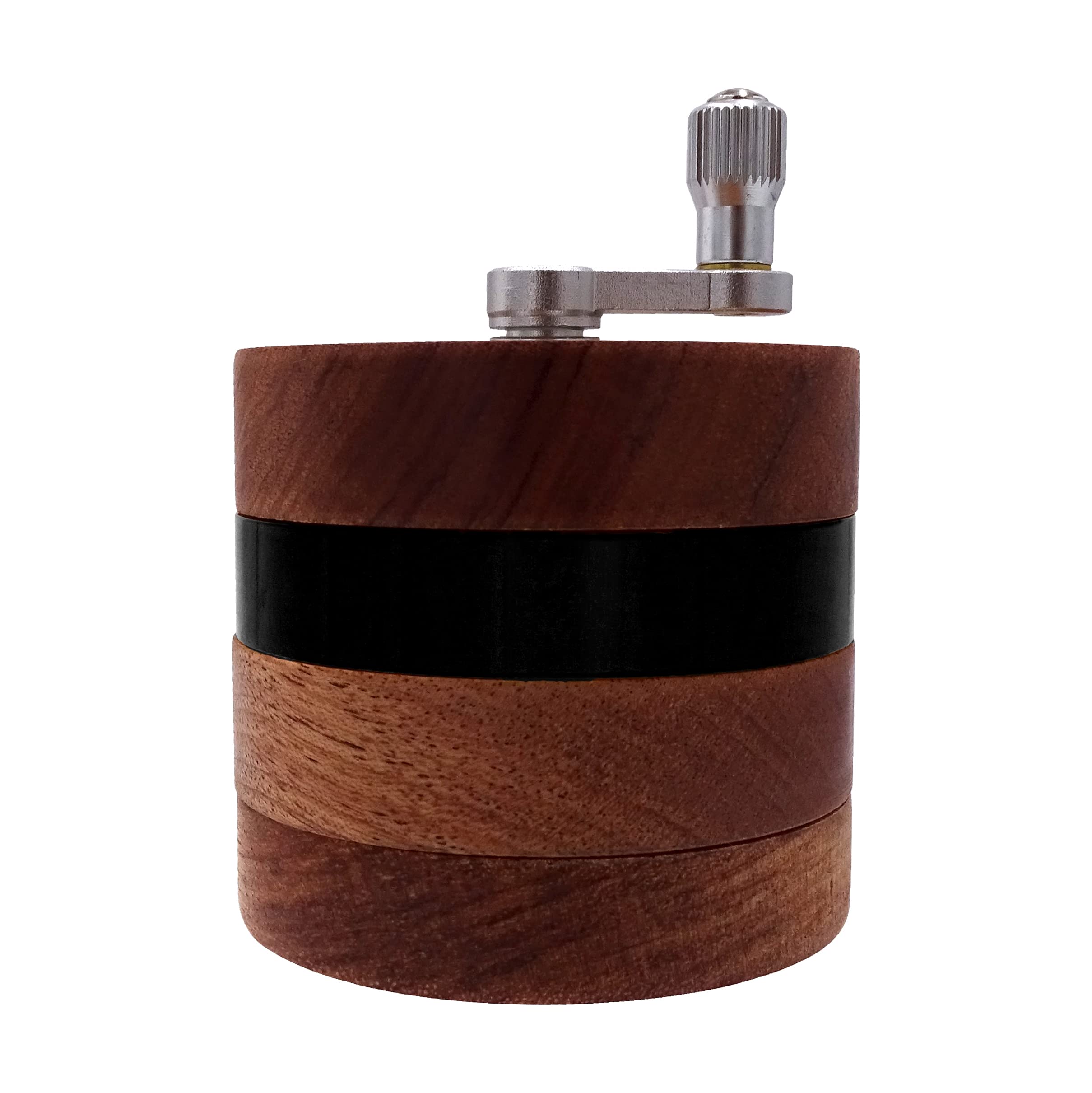 Headchef Woodsman 4 Piece Hand Cranked Clear Top Herb Grinder 62mm - Wooden Outer, Aluminium Internal Spice Grinder with Pollen Scraper and Cleaning Brush, Foldable Handle (Black)