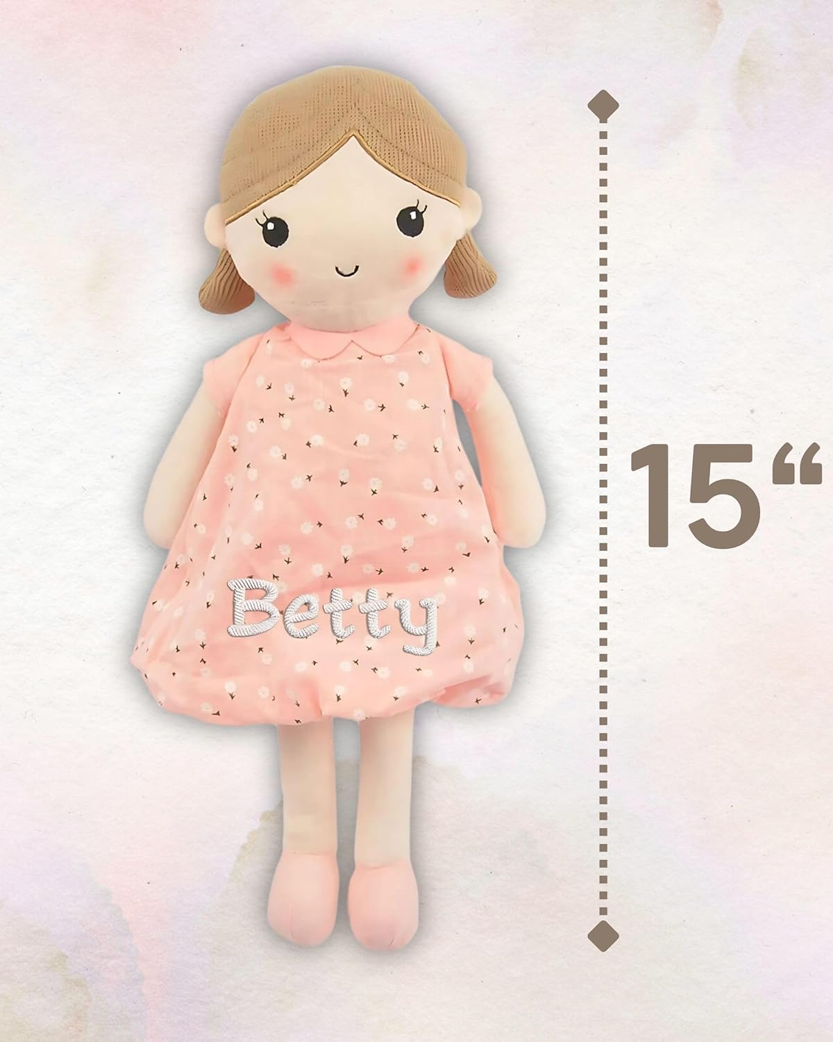 Linzy Personalized 15’’ Soft Plush Light Pink Emily Rag Doll with Embroidered Name - My First Rag Doll for Girls, Muñeca de Trapo Personalizada, Customized Snuggle Toy for Kids