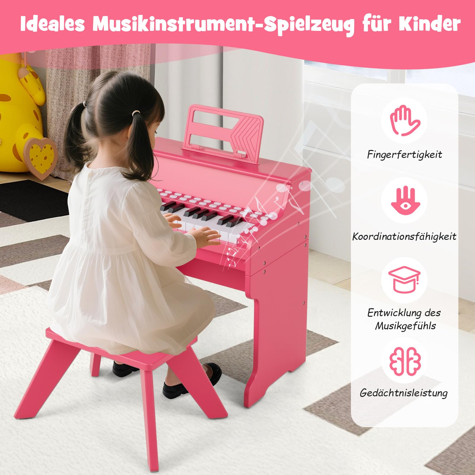 COSTWAY 25-Tasten Keyboard Kinder, elektronisches Kinderklavier mit Hocker, verstellbarem Mikrofon & Notenständer & Lehrmodus , Kinderpiano Klaviertastatur für Kinder ab 3 Jahren (Rosa)