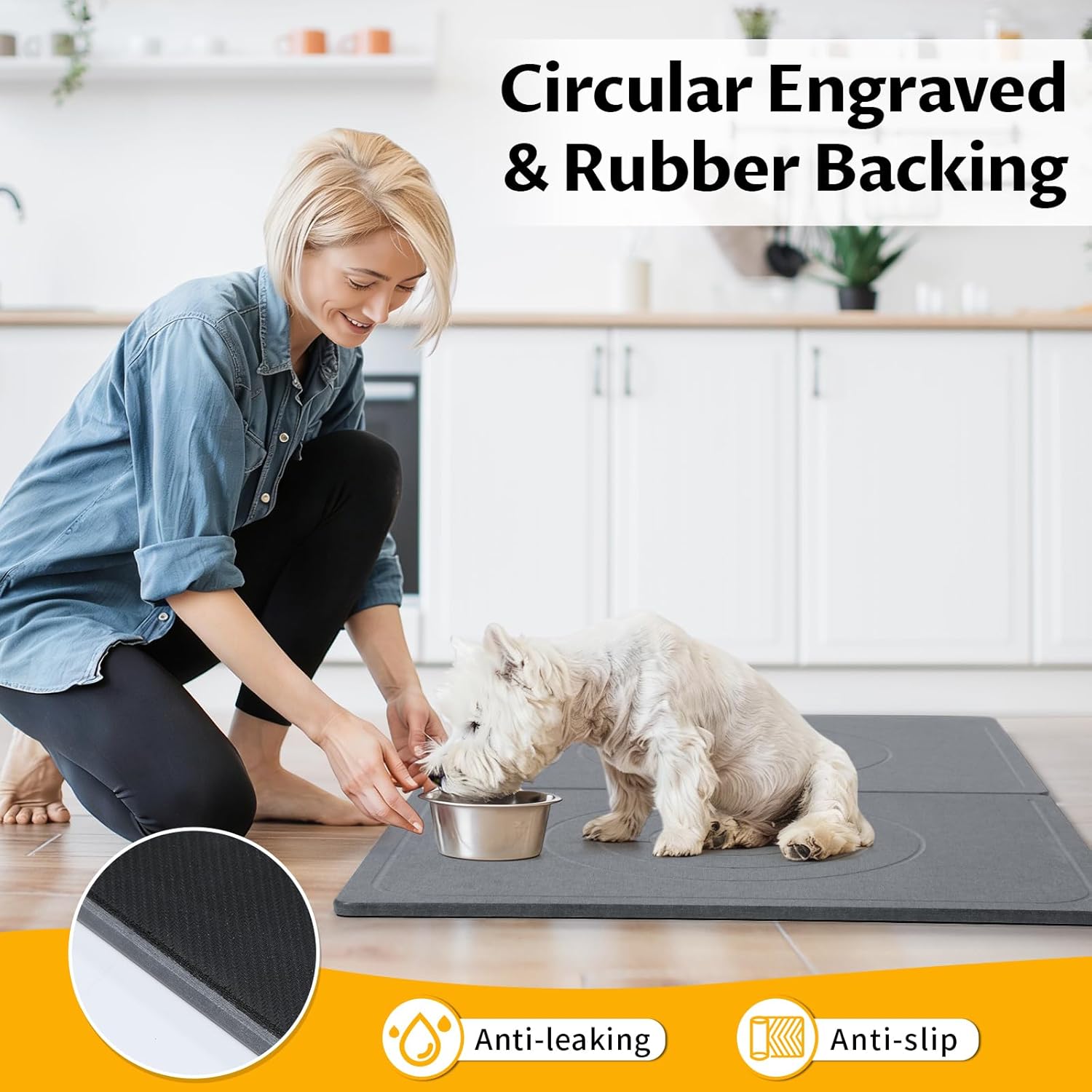 Stone Dog & Cat Food Mat, Bite-Proof Non-Slip Large Diatomaceous Pet Feeding Mat for Puppy Cat, Summer Cooling Quick Drying Dog Cat Water Bowls Mat for Protect Floor (Dark Grey 24" x 16")