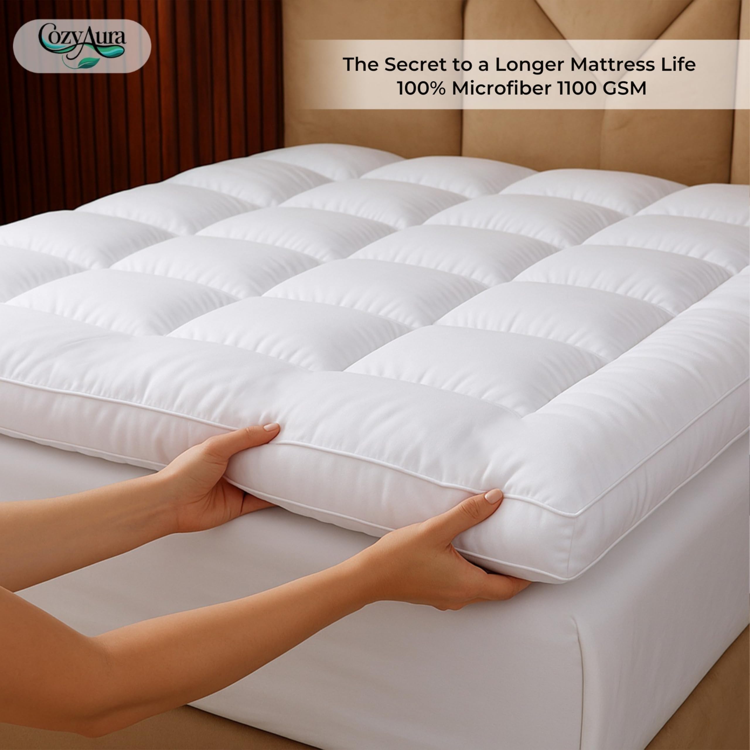 Cozy Aura Surmatelas matelassé ultra doux pour lit super king size (180 × 200 cm) - 4 pouces/10 cm d'épaisseur avec sangles élastiques, microfibre hypoallergénique et respirante pour plus de confort