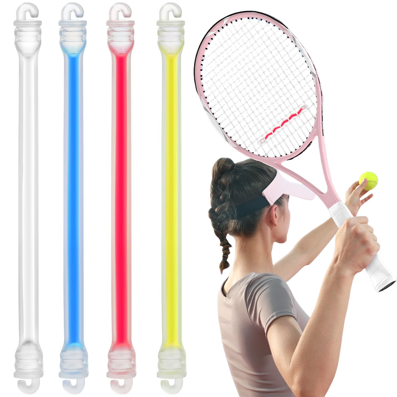 テニスラケット 振動止め 4枚入り シリコン素材 透明 テニスラケット防振器 長条ダブルフック設計 テニス ボール止め ダブルフック付き 振動軽減 衝撃吸収 落ちにくい テニスラケット用 ブルー+ホワイト+レッド+イエロー