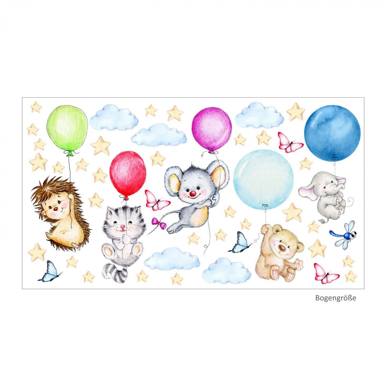 123 Wandtattoo niedliche Tiere mit Luftballons in 6 Größen - Kinderzimmer Sticker Aufkleber Wanddeko Wandbild Junge Mädchen Baby - Größe 2000 x 1120 mm