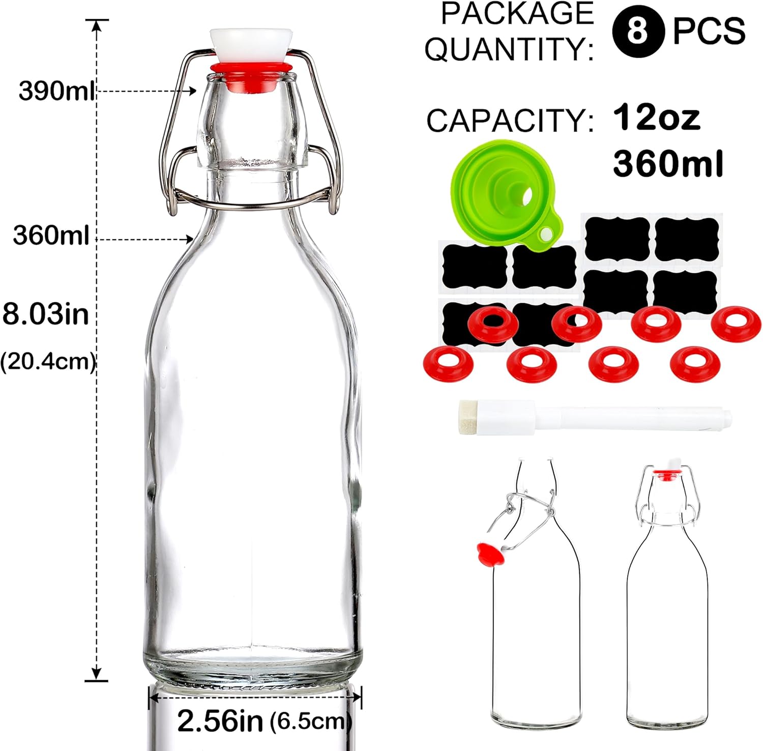8 Pack flip top glass bottle 12 oz,swing top glass bottles 12oz with airtight lids for home brewing,kombucha,kefir,vanilla extract,beer,oil,vinegar,homemade juices,soda,beverages,2nd fermentation - Image 2