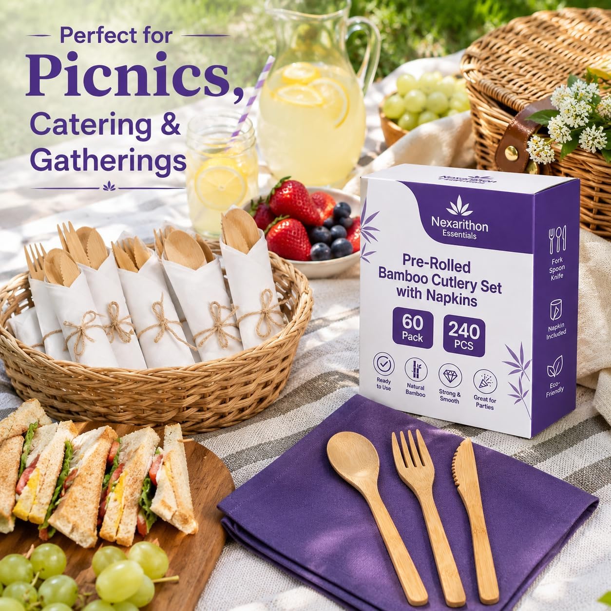 Pre-Rolled Wooden Cutlery Set – Individually Wrapped Disposable Wooden Forks, Spoons & Knives with Compostable Napkins, Eco-Friendly Party Utensils for Weddings & Picnics